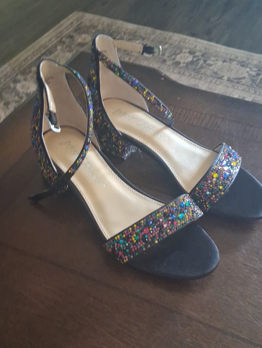 Girls Betsy Johnson  Black Multicolor Beaded Ankle-Strap Sandals